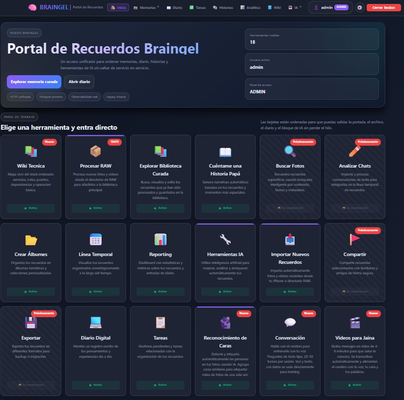 Portal de Recuerdos Braingel — panel de 18 herramientas