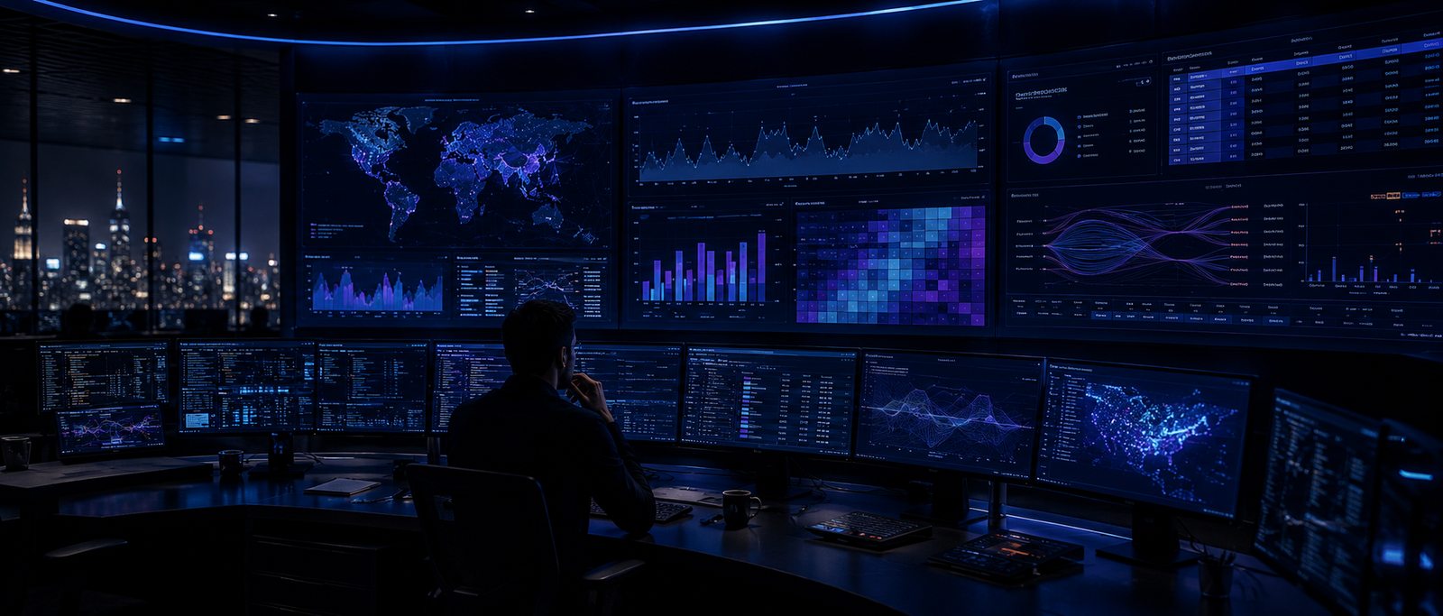 Centro de análisis financiero con múltiples pantallas de datos cloud