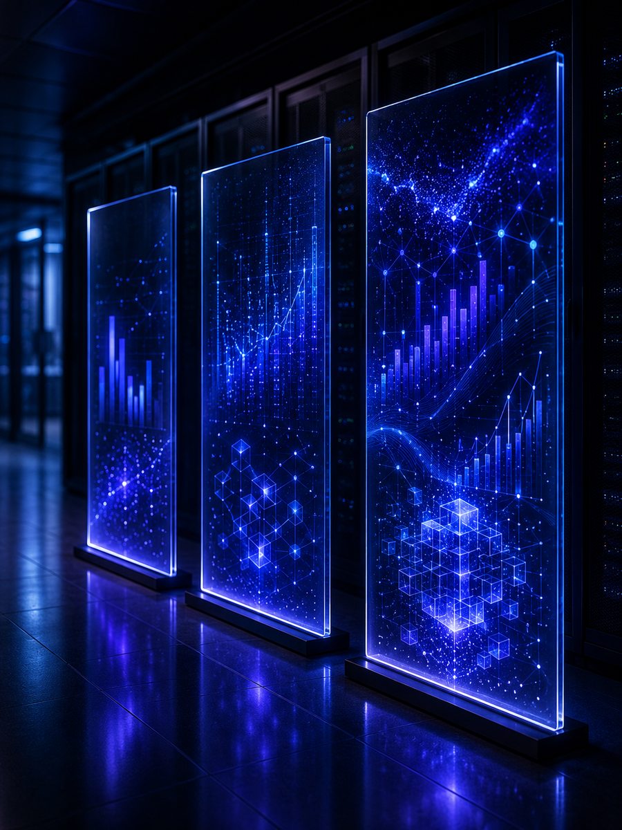 Tres paneles de datos iluminados representando los niveles de madurez FinOps