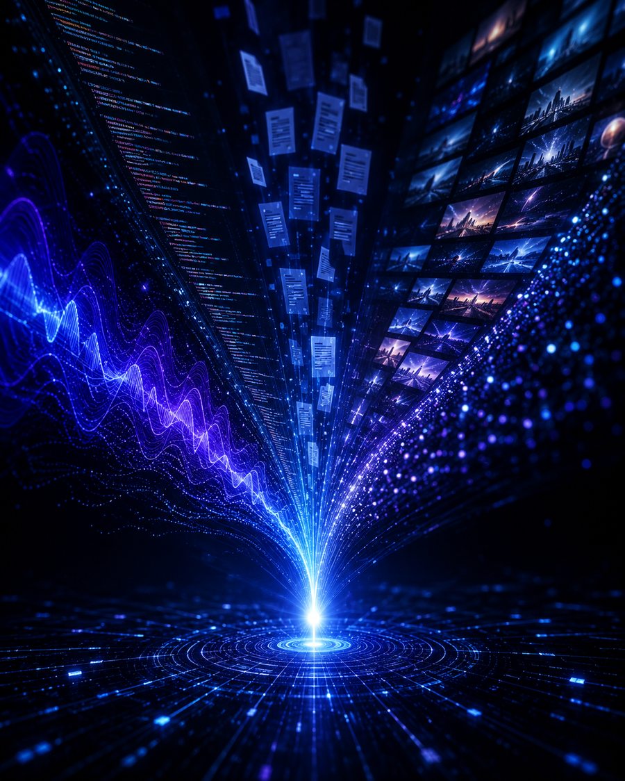 Streams de sonido, documentos e imágenes convergiendo en un único punto de luz azul