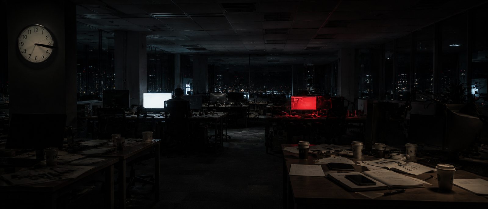 Oficina vacía de noche con dos monitores encendidos, uno blanco y uno rojo, en la oscuridad total